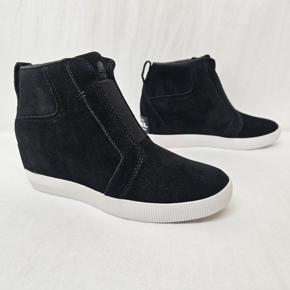 Sorel Out 'N About Pull-On Wedge Booties Suede NL5057-010 Black Womens Size 7